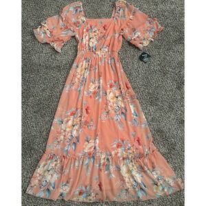 Kate & Lily Maxi Floral Dress Sz 8 Sheer Smocked Puff Sleeves Cottagecore AB26